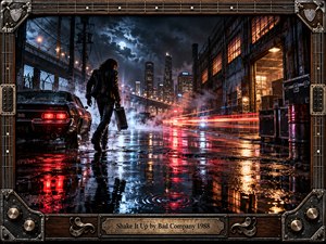 A lone rocker strides through a rain-soaked industrial street beneath a moonlit skyline. Red light trails slice through blue mist, reflecting across puddles beside a vintage muscle car and glowing warehouse. Cinematic photography captures restless nighttime energy, framed by dark wood, guitar strings, metallic hardware, and an engraved title plate.