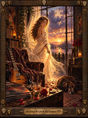 A luminous woman in flowing ivory lace stands beside an open window overlooking a golden sunset and distant city skyline. This richly detailed oil painting captures romantic warmth through amber light, crimson roses, vintage guitars, scattered records, and a resting dog. Ornate bronze framing enhances the nostalgic atmosphere.