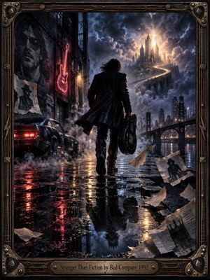 A lone musician carrying a guitar case walks through a rain-soaked industrial city toward a glowing castle beneath storm clouds. Crimson neon reflects across wet pavement as torn pages drift through swirling mist. This cinematic digital painting combines midnight blues, golden light, surreal architecture, and an ornate guitar-inspired bronze frame.