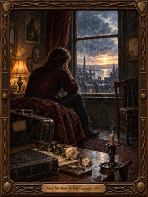 A solitary man gazes through a rain-streaked window toward a golden harbor sunrise, surrounded by wilted roses, an extinguished candle, and weathered furnishings. Rich oil painting textures blend deep burgundy, amber, and stormy blue. Warm lamplight contrasts with the clearing sky, while an ornate bronze frame enhances the melancholy atmosphere.