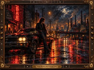 A leather-clad young man leans against a vintage muscle car on a rain-soaked industrial street. Crimson neon, golden headlights, and stormy blue skies illuminate smoky factories and shimmering pavement. Rich oil brushwork captures rebellious youthful energy, while an ornate guitar-inspired wooden and brass frame surrounds the dramatic nighttime scene.