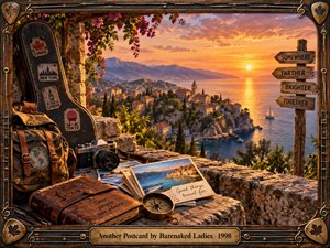 A weathered guitar case, travel pack, camera, postcards, journal, and compass overlook a glowing Mediterranean village and calm sea at sunset. Warm amber light, rugged stone, flowering vines, and distant mountains create a nostalgic adventurous mood. Intricate wood and metal framing gives the cinematic scene a handcrafted vintage character.