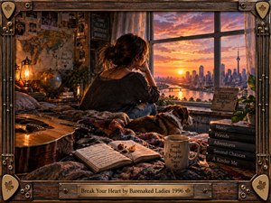 A contemplative woman and her dog sit in a richly textured attic bedroom overlooking a glowing city sunset. Warm amber light fills the intimate scene, illuminating a guitar, journal, books, plants, photographs, and keepsakes. Rustic wood and brass framing reinforce the bittersweet, reflective atmosphere of heartbreak, memory, and renewal.