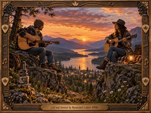 Two guitarists face one another across rocky ledges above a glowing mountain lake and village at sunset. Warm amber light, rugged forests, distant peaks, and reflective water create a contemplative call-and-response mood. Photorealistic detail, rustic textures, lantern light, and an ornate carved musical frame enrich the intimate scene.