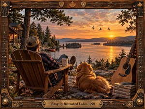 A relaxed figure and golden dog overlook a glowing wilderness lake at sunset, surrounded by pine trees, a rustic cabin, canoe, guitar, and weathered books. Warm amber light and deep woodland shadows create a peaceful, reflective mood. A richly crafted wooden musical frame reinforces the intimate, handcrafted atmosphere.