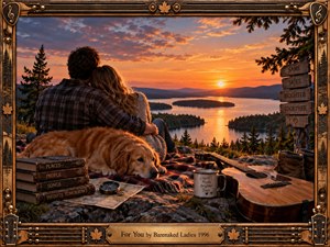 A couple embraces beside their resting golden retriever on a rocky lakeside overlook at glowing sunset. Warm orange light reflects across distant islands, while an acoustic guitar, books, map, compass, mug, and blanket create a nostalgic, intimate mood. An ornate wood-and-brass musical frame completes the richly detailed cinematic artwork.
