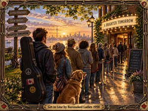 A warmly detailed waterfront scene shows a diverse crowd waiting outside a glowing ivy-covered theater at sunset. Golden light reflects across wet pavement while Toronto rises beyond the harbor. A musician, guitar case, friendly dog, wooden signposts, and handcrafted musical frame create an optimistic, nostalgic atmosphere of shared anticipation.