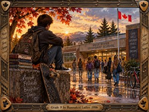 A teenage student sits beside worn books and a skateboard outside a Canadian secondary school as classmates drift toward the entrance. Warm sunset light, autumn leaves, wet reflections, and distant mountains create a nostalgic, uncertain mood. Detailed painterly realism and a music-themed metal frame evoke youthful friendship, change, and memory.