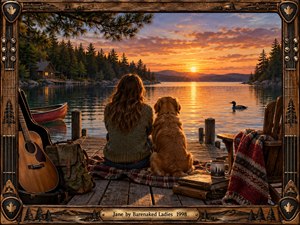 A woman and golden dog sit quietly on a weathered dock overlooking a glowing sunset lake, surrounded by pine forests, a cabin, canoe, guitar, books, and warm rustic comforts. Golden reflections and amber clouds create a nostalgic, contemplative mood, framed by richly carved wood, metal strings, and maple-leaf details.