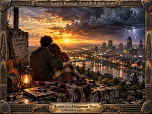 A young couple embraces on a weathered rooftop overlooking a glowing riverside city beneath a dramatic sunset and gathering thunderstorm. Warm amber lantern light contrasts with cool lightning and dark clouds, creating romantic tension and fragile hope. A richly crafted guitar-string frame, acoustic guitar, compass, books, and brass title plate complete the cinematic scene.