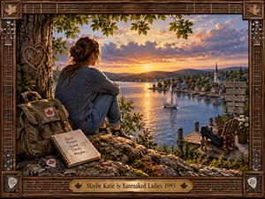 A young woman sits beside a maple tree overlooking a peaceful lakeside town at sunset, surrounded by a weathered backpack, notebook, dock, sailboat, and guitar case. Warm amber light, cool blue water, rustic textures, and an intricately carved musical wooden frame create a reflective, hopeful, nostalgic atmosphere.