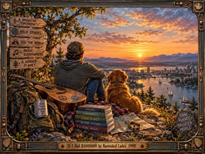 A man and golden dog overlook a glowing waterfront city at sunset, surrounded by mountains, sailboats, autumn foliage, and hopeful travel objects. Warm orange light contrasts with cool blue shadows in a richly textured painterly style. A guitar, maps, books, backpack, signposts, and ornate musical frame suggest generosity, dreams, and possibility.