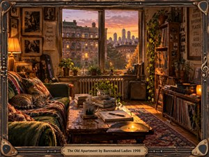 A warmly lit old apartment overlooks a glowing city at sunset, filled with worn furniture, records, books, plants, photographs, and music equipment. Rich amber light, deep greens, weathered wood, and layered handcrafted textures create a nostalgic, intimate mood. A sleeping cat and guitar-inspired frame reinforce memories of a cherished past.
