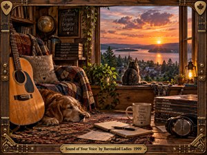 A warmly lit music room overlooks a glowing lakeside sunset, creating a nostalgic, peaceful atmosphere. An acoustic guitar, sleeping dog, watchful cat, records, books, plants, headphones, and handwritten notes fill the richly textured wooden interior. Golden light, rustic details, and an ornate musical frame evoke companionship, memory, and enduring connection.