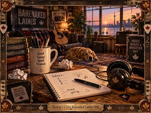 A warmly lit music studio overlooks a glowing Toronto waterfront at sunset, blending rustic wood, amber light, and nostalgic handcrafted detail. A resting dog, acoustic guitar, headphones, notebook, crumpled ideas, amplifiers, and Canadian motifs create a relaxed, reflective atmosphere framed by richly carved wood and aged brass.