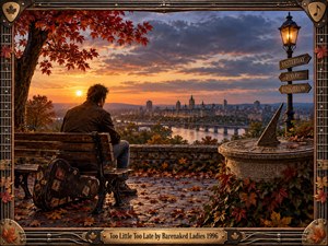A solitary man sits beside a weathered guitar case overlooking a river city at autumn sunset. Warm amber light, crimson leaves, dramatic clouds, and distant architecture create a reflective, bittersweet mood. A sundial and directional signposts symbolize passing time, framed by richly detailed wood, metal, strings, and maple accents.
