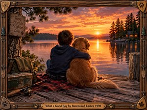 A boy embraces a golden retriever on a weathered lakeside dock at glowing sunset, creating a warm, reflective mood. Rich orange light shimmers across calm water beneath silhouetted pines and a distant cabin. Rustic fishing gear, carved wooden framing, brass musical details, and tactile textures enhance the nostalgic handcrafted composition.