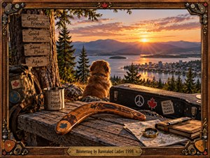 A carved wooden boomerang rests on a weathered table overlooking a lakeside city and distant mountains at golden sunset. A faithful dog, travel pack, guitar case, journal, map, compass, and rustic signs create a reflective mood of journeys and return. Warm amber light enriches the handcrafted, nostalgic scene.