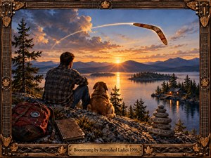 A man and golden dog overlook a tranquil mountain lake at sunset as a carved boomerang arcs through the glowing sky. Warm amber light reflects across the water, silhouetting pine forests, distant peaks, and a cozy cabin. Detailed rustic textures, travel objects, and an ornate musical wooden frame create a nostalgic atmosphere.