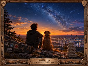 A solitary figure and shaggy dog overlook a glowing riverside city from a rocky hill as sunset gives way to a brilliant star-filled sky. Warm amber light contrasts with deep blue heavens, creating a hopeful, reflective mood. A weathered musical frame, guitar case, carved stones, and engraved title plate add handcrafted detail.