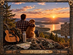 A man and golden retriever share a quiet rocky overlook above a glowing lake at sunset, surrounded by forested mountains and warm amber light. An acoustic guitar, travel gear, map, cairn, and rustic signposts suggest freedom and optimism. A handcrafted wood-and-metal musical frame completes the nostalgic, adventurous composition.