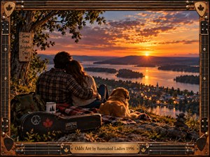 A couple and their dog rest on a rocky lakeside overlook beneath a glowing sunset, gazing across islands and a warmly lit town. Rich amber, orange, and blue tones create an optimistic, reflective mood. Detailed cinematic realism, camping gear, a guitar case, and a handcrafted instrument-inspired frame reinforce companionship and hopeful adventure.