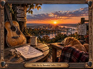 A weathered acoustic guitar, dice, notebook, coffee mug, and resting dog overlook a glowing riverside city at sunset. Warm amber light fills the rustic wooden terrace, creating an optimistic, reflective mood. Handcrafted textures, autumn foliage, distant bridges, playful signs, and a musical wooden frame enrich the detailed composition.
