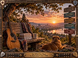 A weathered acoustic guitar rests beside a rustic hilltop bench overlooking a river city at golden sunset. Books, a woven blanket, thoughtful signposts, and a relaxed dog create a warm, reflective mood. Rich amber light, natural textures, and a handcrafted guitar-string frame give the scene nostalgic photographic realism.