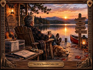 An older man rests beside his dog on a rustic lakeside dock, contemplating a glowing autumn sunset. Warm amber light reflects across calm water, illuminating a guitar, records, lanterns, canoe, journals, and weathered wood. Detailed painterly realism and nostalgic objects create a peaceful meditation on aging, memory, and perspective.