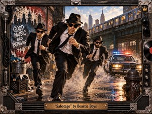 Three suited men sprint through a gritty urban street beneath elevated tracks as a police car closes in behind them. Warm sunset light cuts through blue-gray shadows, smoke, wet pavement, graffiti, records, and street debris. The cinematic mixed-media style feels urgent, rebellious, and chaotic, framed by distressed industrial metalwork.