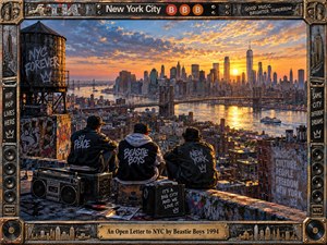 Three figures sit on a graffiti-covered rooftop overlooking New York City at sunset, surrounded by a boombox, records, and urban textures. Warm orange light washes across bridges, towers, and river reflections, creating a nostalgic, defiant mood. The detailed digital illustration blends hip-hop culture, city pride, and cinematic realism.