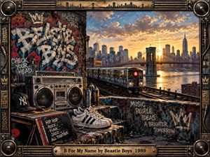 A richly detailed urban painting frames a graffiti-covered New York waterfront at golden sunset, where a subway train approaches beneath the skyline and Brooklyn Bridge. Warm amber light contrasts with gritty blacks, reds, and blues. A boombox, records, sneakers, spray cans, street art, and industrial framing reinforce energetic hip-hop culture.