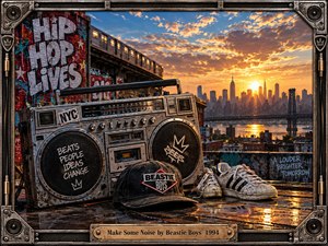 A battered boombox, black cap, and worn sneakers dominate a graffiti-covered rooftop overlooking New York at sunset. Warm gold light reflects across wet pavement while an elevated train, bridge, and skyline add urban motion. The gritty cinematic realism, metallic amplifier frame, and dense street details create nostalgic, rebellious energy.