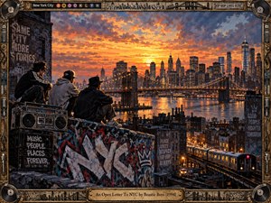 Three figures sit above a graffiti-covered rooftop overlooking New York City at sunset, with the Brooklyn Bridge, glowing skyline, river, and elevated train stretching across the scene. Warm orange light contrasts with deep urban blues. Detailed painted realism, a vintage boombox, street art, and an ornate musical frame create nostalgic energy.