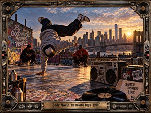 A breakdancer freezes mid-motion on a graffiti-covered rooftop overlooking Manhattan and the Brooklyn Bridge at sunset. Warm amber light, deep shadows, vintage boomboxes, vinyl records, and spray cans create energetic old-school hip-hop atmosphere. An ornate industrial frame of speakers, cables, knobs, and metalwork completes the cinematic composition.