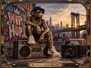 A bronze-toned chimp in sunglasses, a dark hat, gold chain, and sneakers lounges on a battered boombox atop a graffiti-covered rooftop. Warm sunset light frames a New York skyline and bridge, while records, headphones, speakers, and metallic details create a gritty, playful, cinematic 1980s hip-hop atmosphere.