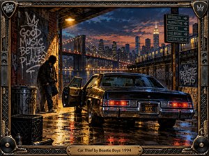 A shadowed figure waits beside a vintage black car beneath a gritty waterfront overpass, framed by rain-slick pavement, graffiti, fencing, and industrial decay. Manhattan glows beyond the bridge in deep blues and fiery amber light. Detailed painterly realism, reflections, subway cars, and weathered metal create a tense nocturnal atmosphere.