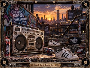 A weathered boombox, scuffed sneakers, spray cans, vinyl records, and graffiti fill a gritty New York rooftop stairway at sunset. Warm orange light silhouettes the skyline and passing subway, while metallic textures, saturated street colors, and a rugged record-themed frame create an energetic, nostalgic hip-hop atmosphere.