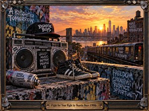 A graffiti-covered rooftop overlooks a glowing city skyline and bridge at sunset, creating a rebellious, energetic urban mood. A weathered boombox, black cap, worn high-top sneakers, and spray can dominate the foreground. Warm orange light contrasts with dark metal, painted concrete, and gritty street-art textures.