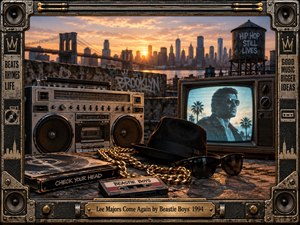 A weathered boombox, vintage television, cassette, records, dark hat, sunglasses, and gold chain fill a gritty Brooklyn rooftop at sunset. Warm amber light silhouettes the skyline and bridge while industrial textures, graffiti, and retro electronics create energetic hip-hop nostalgia. A rugged speaker-lined metal frame completes the cinematic composition.