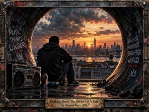 A solitary figure sits inside a weathered tunnel overlooking a glowing city skyline at sunset, surrounded by graffiti, a vintage boombox, and spray cans. Fiery orange light contrasts with deep industrial shadows, creating a tense, reflective urban mood. Detailed photographic realism and a distressed metal frame reinforce the gritty atmosphere.