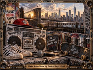 A gritty rooftop still life captures New York hip-hop energy with a battered boombox, sneakers, microphone, records, skateboard, and spray cans. A graffiti-covered subway crosses beneath the Brooklyn Bridge against a glowing skyline. Warm sunset light, weathered textures, bold street art, and an intricate speaker frame create nostalgic urban intensity.