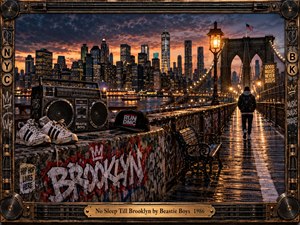 A rain-slick Brooklyn Bridge glows beneath a dramatic orange and blue dusk as a lone figure walks toward the illuminated Manhattan skyline. Graffiti, a vintage boombox, sneakers, street signs, and industrial metal framing create a gritty 1980s hip-hop atmosphere filled with restless urban energy and cinematic detail.