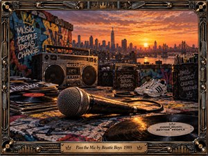 A gritty rooftop scene glows beneath an orange city sunset, centered on a weathered microphone, boombox, records, sneakers, and graffiti-covered concrete. Warm reflections, deep shadows, and layered urban textures create energetic hip-hop atmosphere, while the ornate metallic music-themed frame gives the cinematic street-art composition a handcrafted, period-inspired finish.