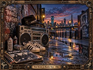 A rain-slick waterfront glows beneath a dramatic twilight skyline, centered on a weathered boombox, sneakers, spray cans, records, and graffiti-covered brick walls. Warm streetlamps contrast with deep blues and fiery clouds, creating gritty urban nostalgia. An ornate bronze industrial frame adds speakers, microphones, chains, and rhythmic musical details.