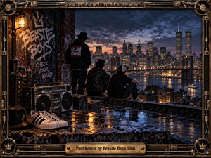 Three figures overlook a rain-slicked New York skyline at dusk, surrounded by graffiti, a boombox, sneakers, and rooftop debris. Warm amber lights contrast with deep blue shadows and stormy clouds, creating a rebellious, cinematic mood. A detailed bronze music-themed frame reinforces the gritty 1980s hip-hop atmosphere.