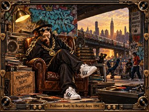 A cool, confident ape lounges in a worn leather chair beneath a graffiti-covered urban overpass, surrounded by records, speakers, books, and a turntable. Warm sunset light illuminates the distant skyline and passing train while breakdancers energize the background. Rich bronze framing reinforces the gritty, playful hip-hop atmosphere.