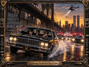 A black vintage sedan charges through rain-slicked New York streets beneath the Brooklyn Bridge as police cars and helicopters pursue through spray and flashing lights. Three suited figures fill the foreground against a glowing sunset skyline. Gritty cinematic realism, warm golds, deep blacks, graffiti, and an industrial music-inspired frame create tense urban energy.