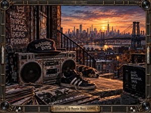 A gritty rooftop overlooks New York at sunset, glowing with amber light and deep urban shadows. A battered boombox, sneakers, records, graffiti, and a resting dog evoke raw hip-hop culture and restless creativity. Ornate metallic framing surrounds the cinematic scene, blending nostalgic street photography with richly textured realism.