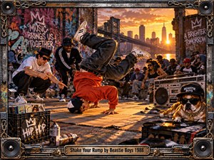 A breakdancer freezes mid-move at a gritty waterfront block party surrounded by cheering figures, boomboxes, vinyl records, graffiti, and a playful bulldog. Warm sunset light floods the urban skyline and bridge, contrasting rusty metal, vivid reds, and deep shadows. A speaker-and-chain frame reinforces the energetic hip-hop atmosphere.